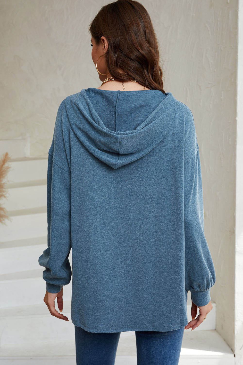 Full Size Buttoned Drop Shoulder High-Low Hoodie