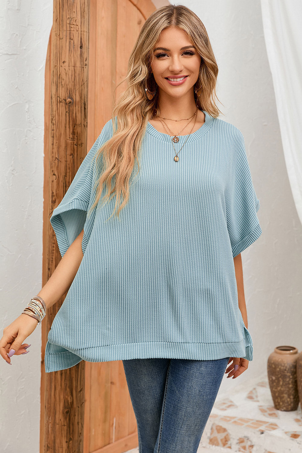 Full Size Round Neck Ribbed Slit Tunic Top