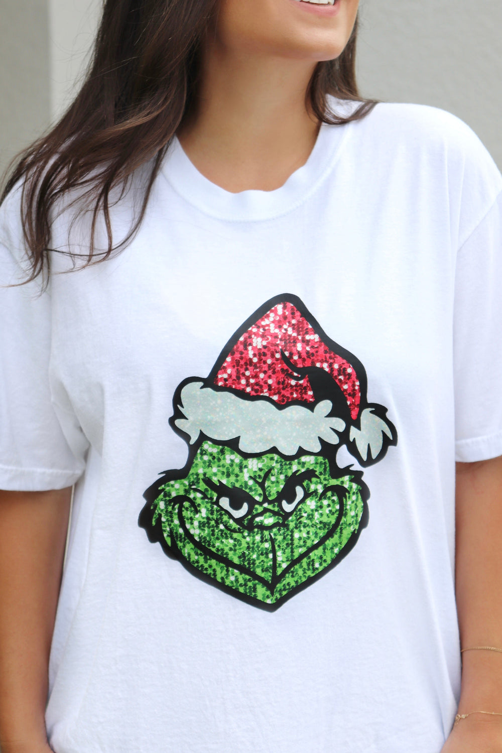 GRINCH FACE GLITTER TEE (COMFORT COLORS)