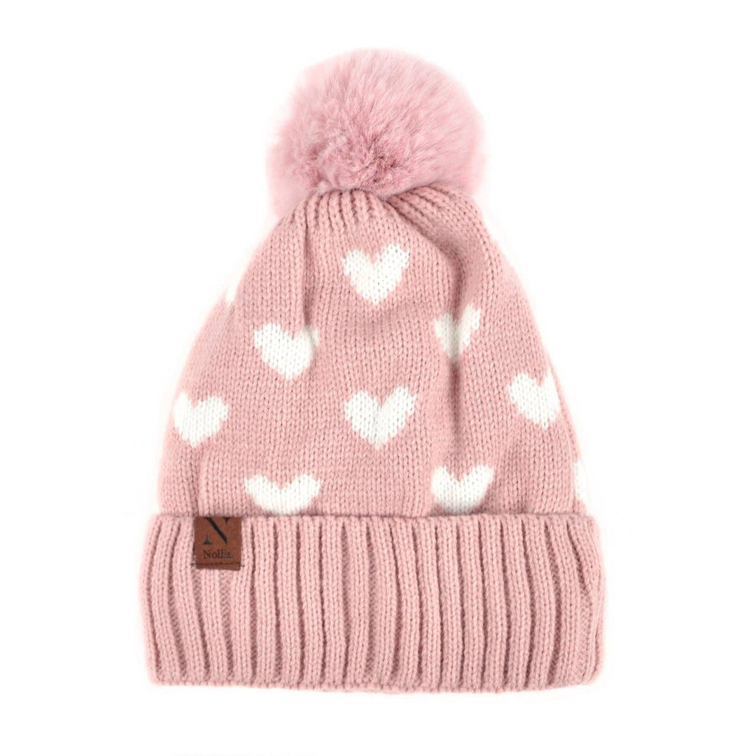 Hats - Women's Hearts And Pom Pom Knit Winter Hat