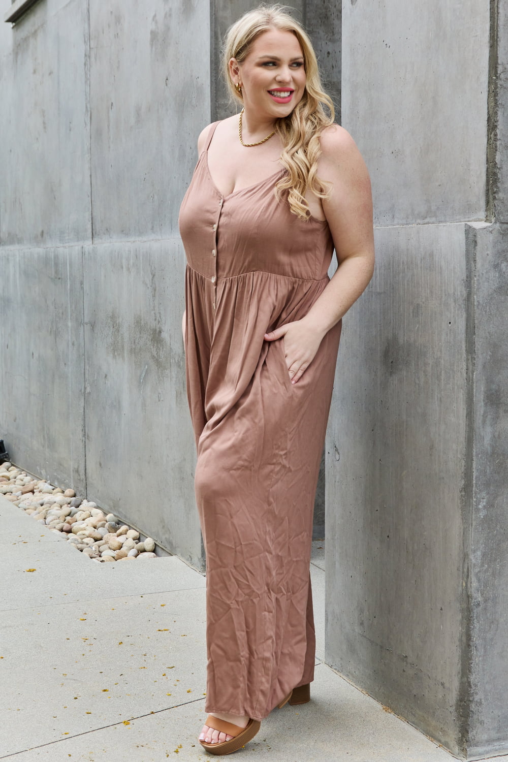 HEYSON All Day Full Size Wide Leg Button Down Jumpsuit In Mocha