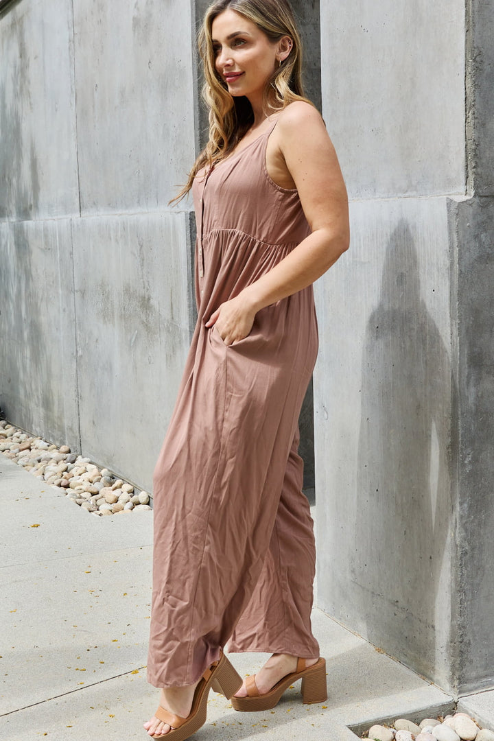 HEYSON All Day Full Size Wide Leg Button Down Jumpsuit In Mocha