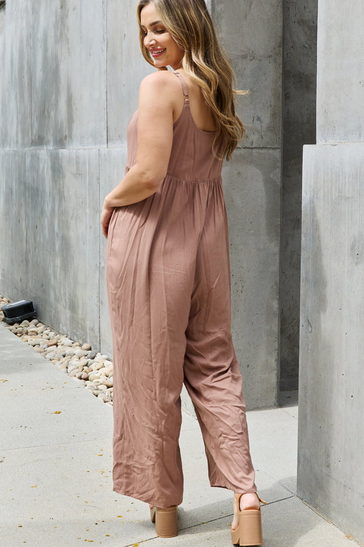 HEYSON All Day Full Size Wide Leg Button Down Jumpsuit In Mocha