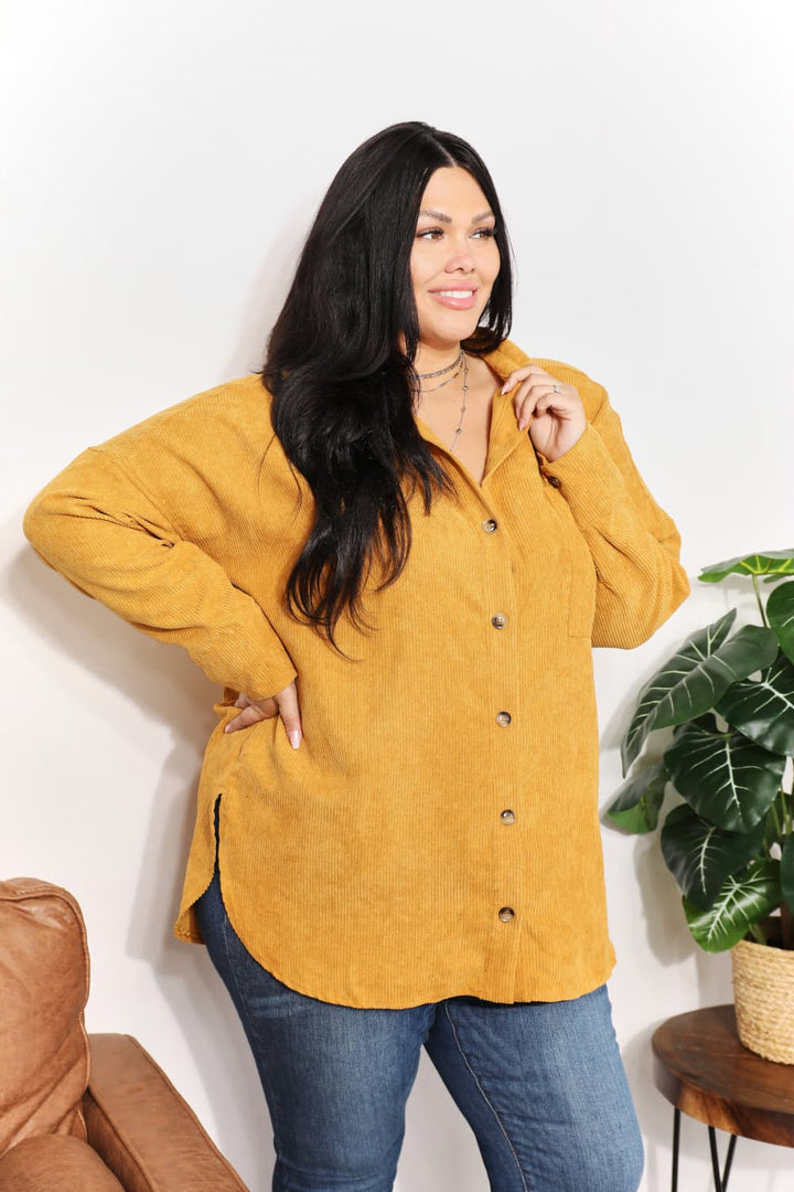 HEYSON Full Size Oversized Corduroy  Button-Down Tunic Shirt With Bust Pocket