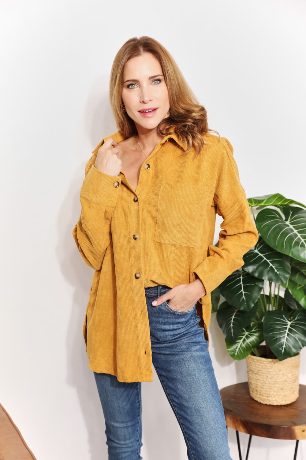 HEYSON Full Size Oversized Corduroy  Button-Down Tunic Shirt With Bust Pocket