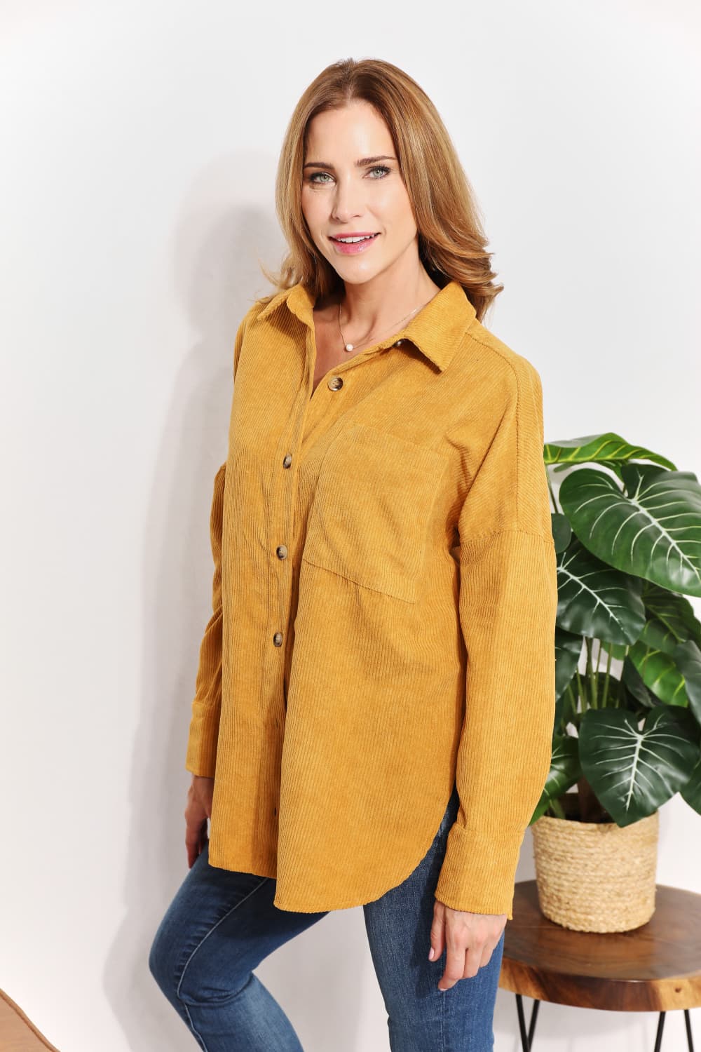 HEYSON Full Size Oversized Corduroy  Button-Down Tunic Shirt With Bust Pocket