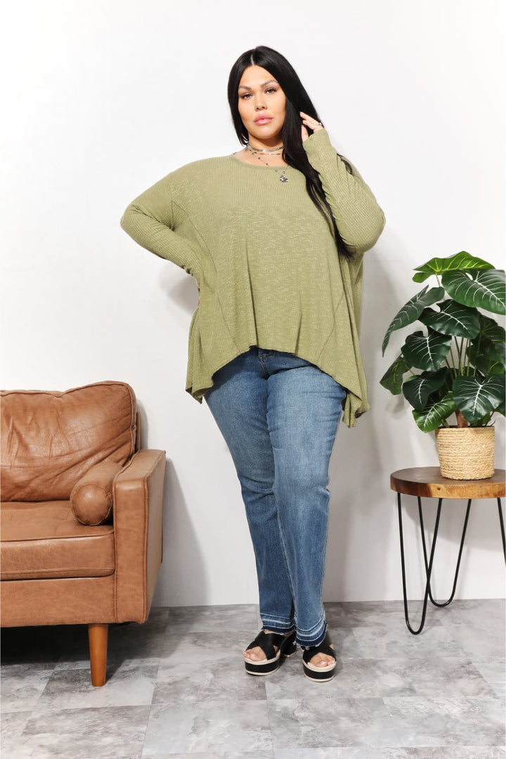 HEYSON Full Size Oversized Super Soft Rib Layering Top With A Sharkbite Hem And Round Neck