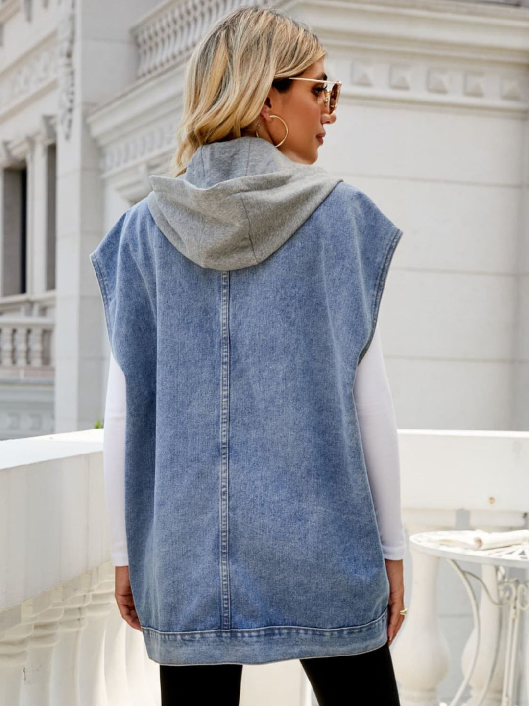 Hooded Sleeveless Denim Top With Pockets