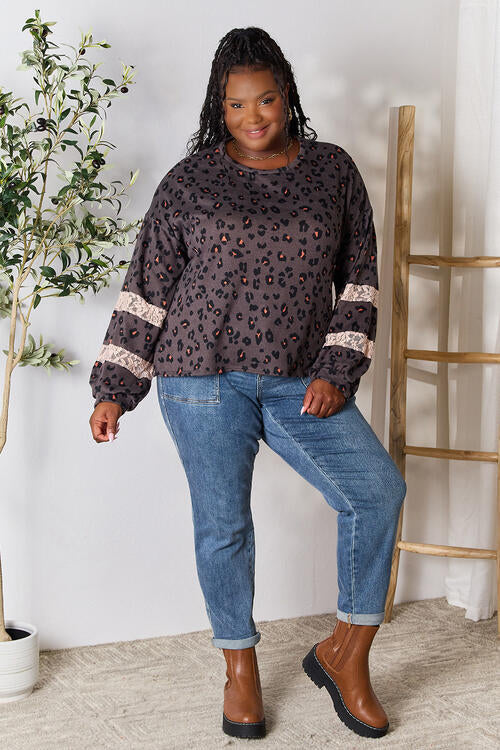 Jade By Jane Full Size Leopard Lace Detail Blouse