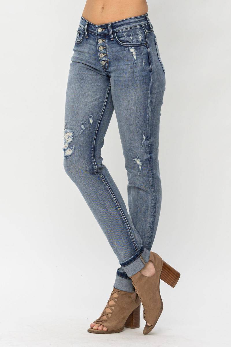 Jeans - Judy Blue Mid-Rise Button Fly Contrast Wash Cuffed Boyfriend Jeans