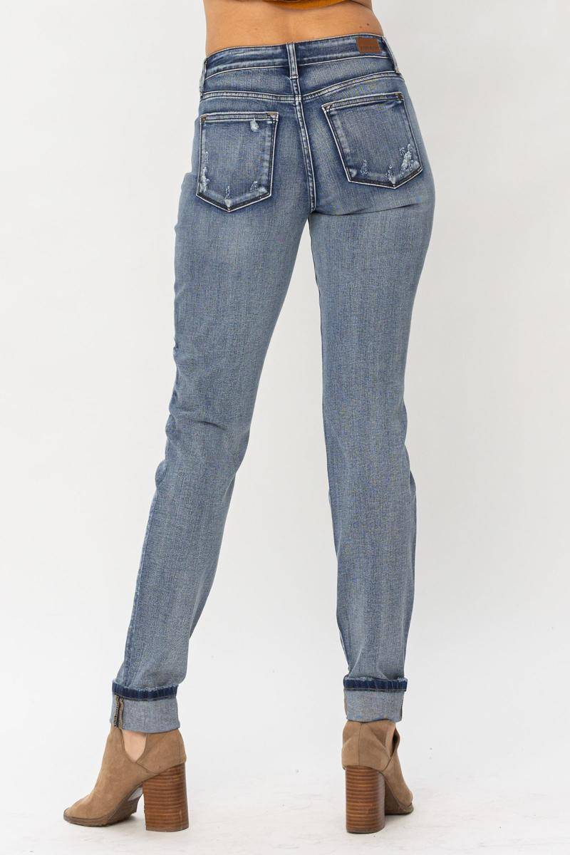 Jeans - Judy Blue Mid-Rise Button Fly Contrast Wash Cuffed Boyfriend Jeans