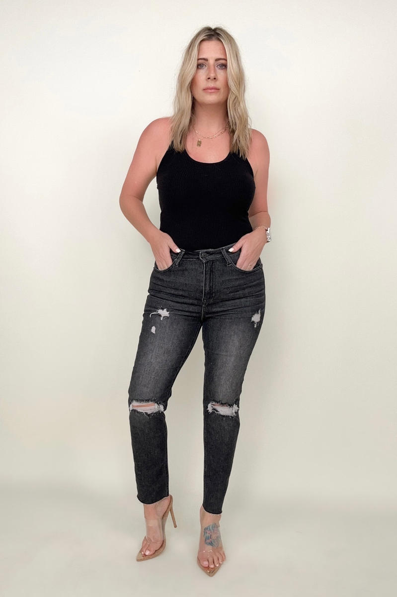 Jeans - Risen High Rise Slim Straight Cropped Raw Hem Jeans