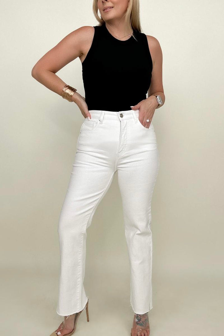 Jeans - Risen High Rise Tummy Control Raw Hem Side Slit Straight Jeans
