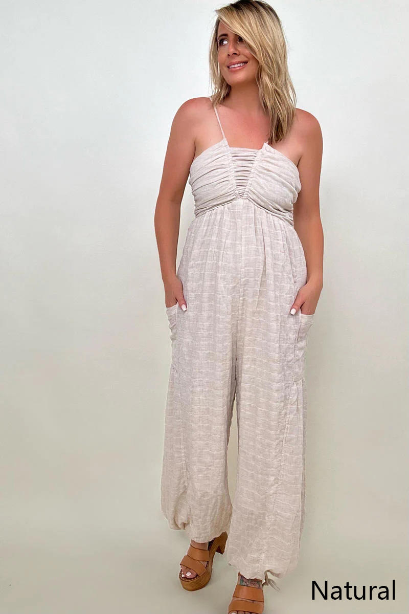 Jumpsuits - White Birch Sleeveless Halter Tie Back Woven Jumpsuit