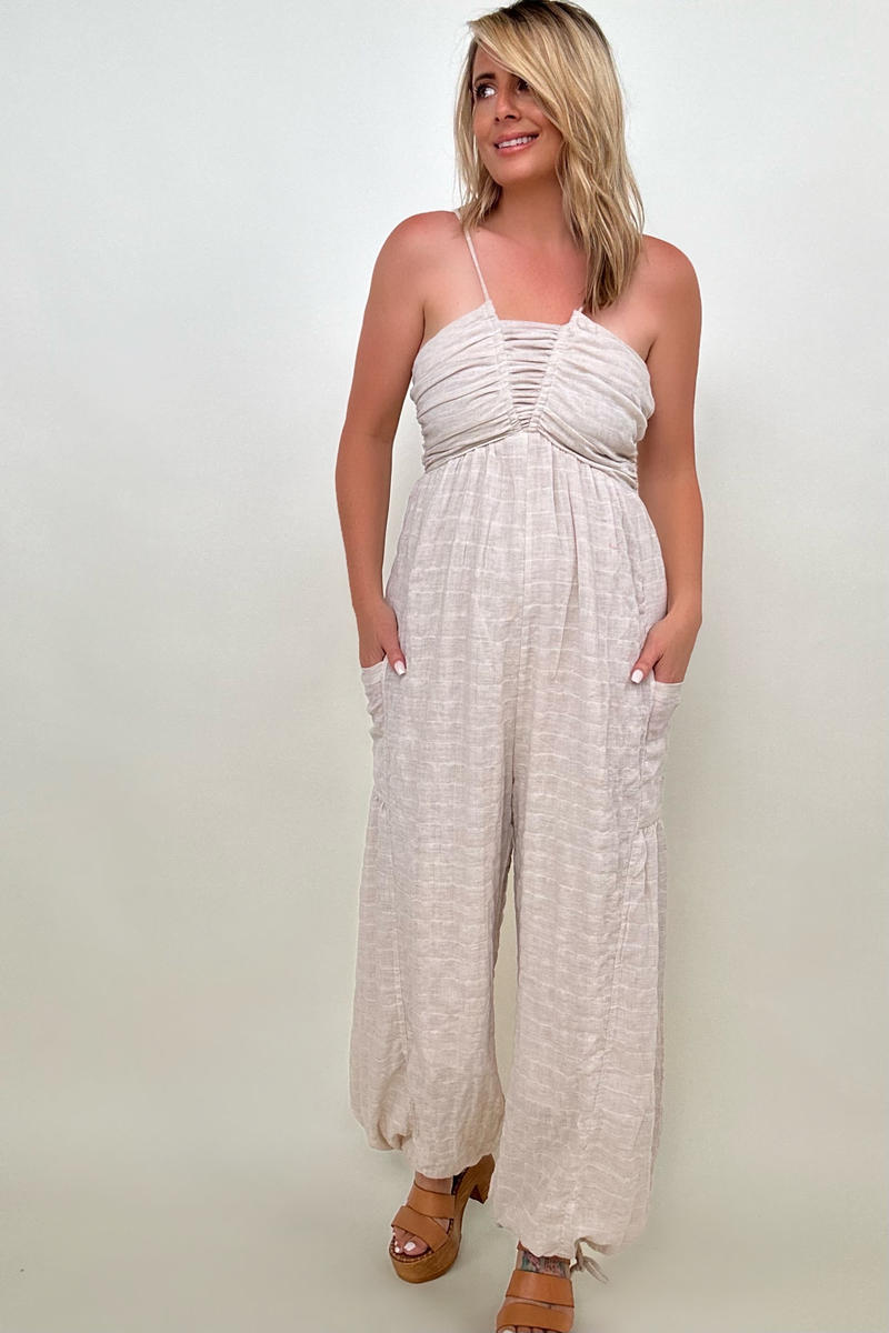 Jumpsuits - White Birch Sleeveless Halter Tie Back Woven Jumpsuit