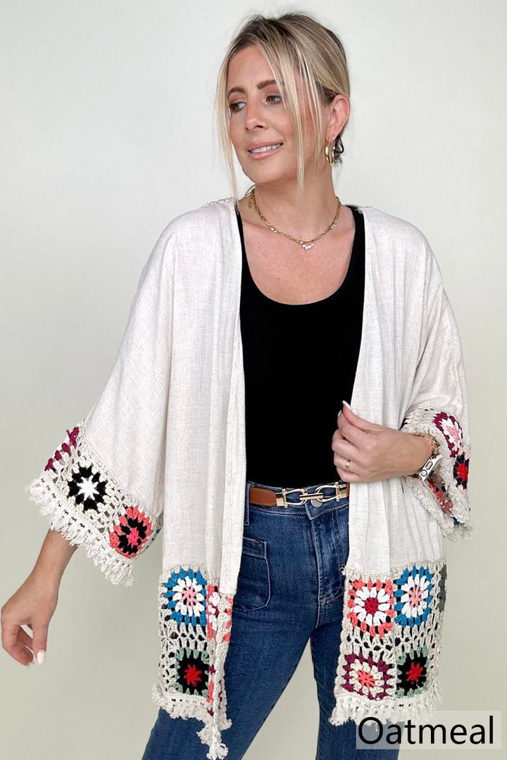 Kimonos - Umgee Linen Blend Patch Crochet Kimono