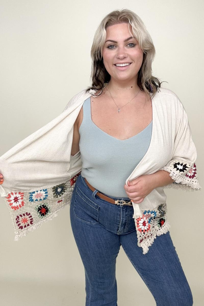 Kimonos - Umgee Linen Blend Patch Crochet Kimono