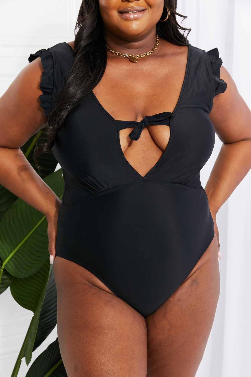 Marina West Swim Seashell Ruffle Sleeve One-Piece In Black