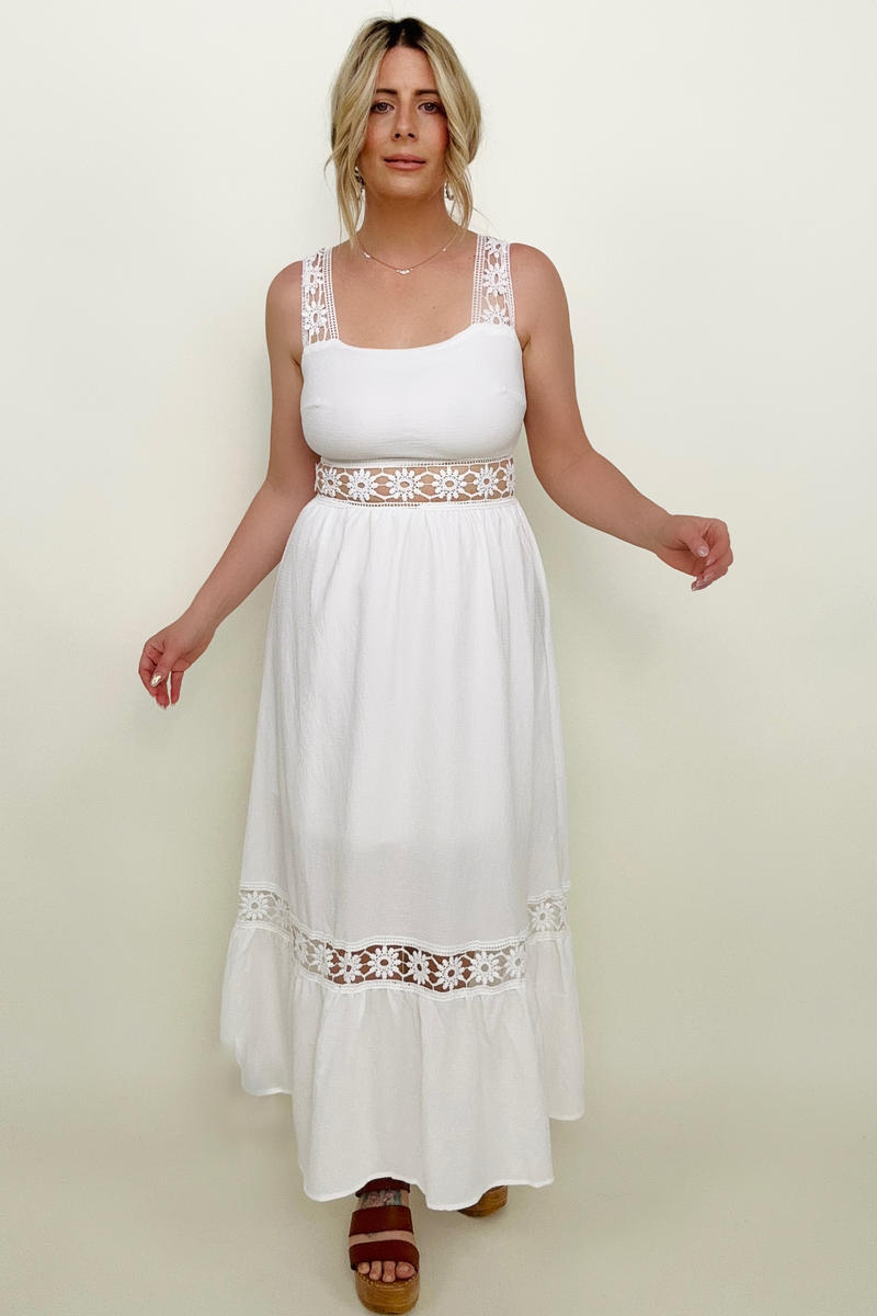 Maxi Dresses - White Floral Openwork Strap Maxi Dress