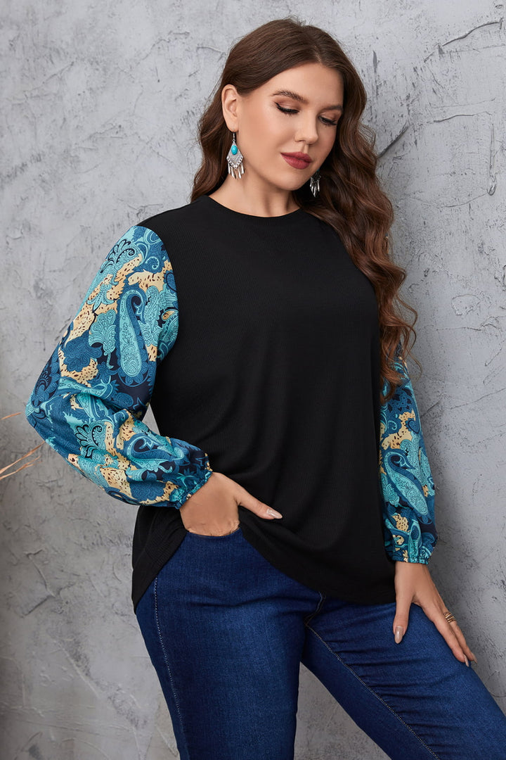 Melo Apparel Plus Size Printed Sleeve Round Neck Blouse