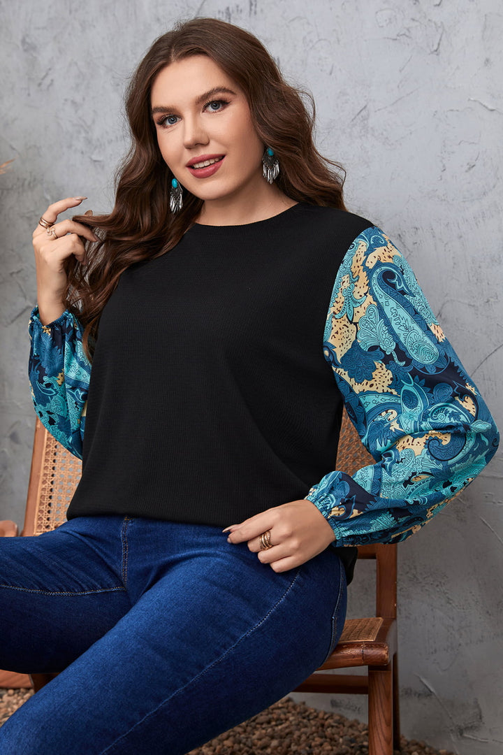 Melo Apparel Plus Size Printed Sleeve Round Neck Blouse