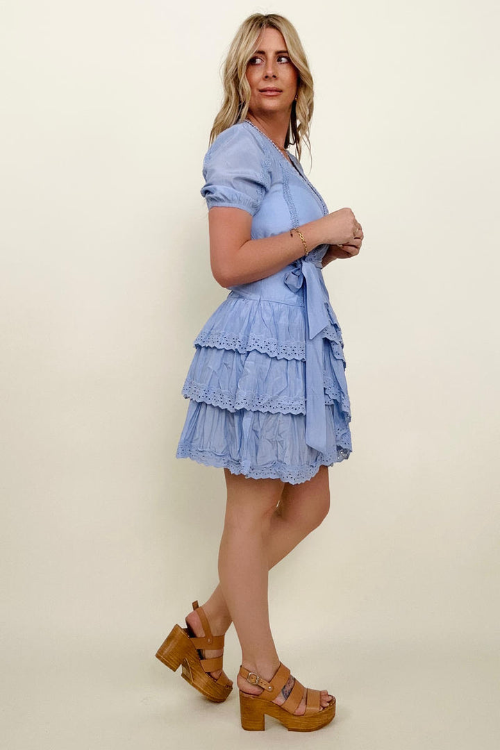 Mini Dresses - Faux Wrap V-Neck Tie Waist Tiered Mini Dress