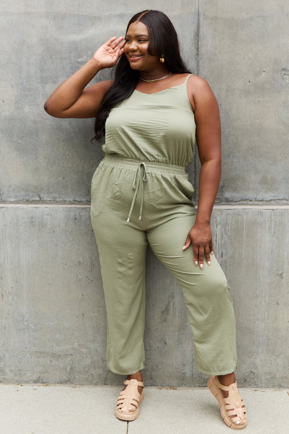 ODDI Full Size Textured Woven Jumpsuit In Sage