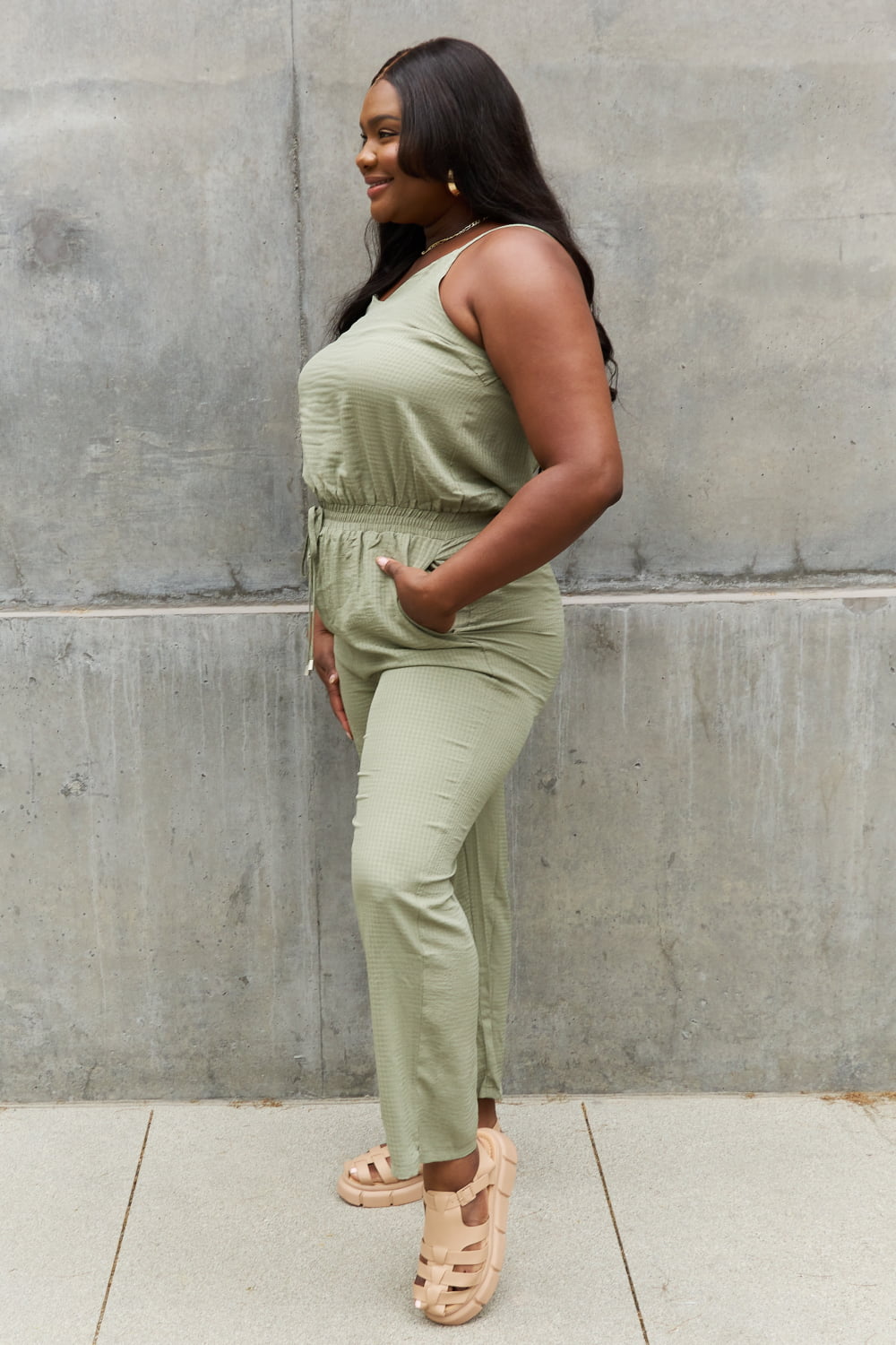 ODDI Full Size Textured Woven Jumpsuit In Sage