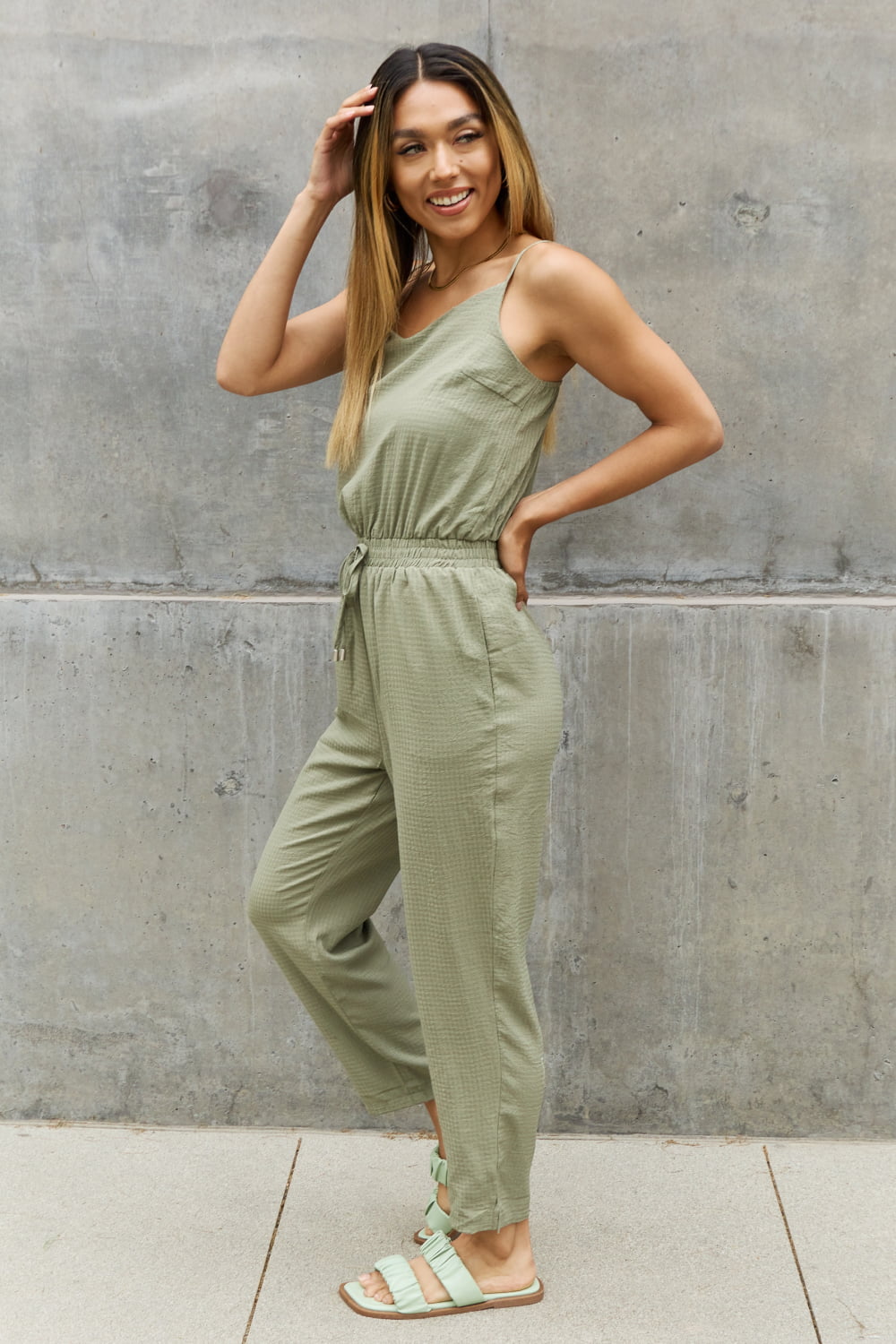 ODDI Full Size Textured Woven Jumpsuit In Sage