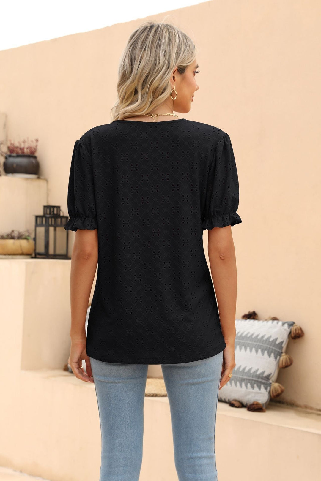 Openwork Round Neck Flounce Sleeve T-Shirt