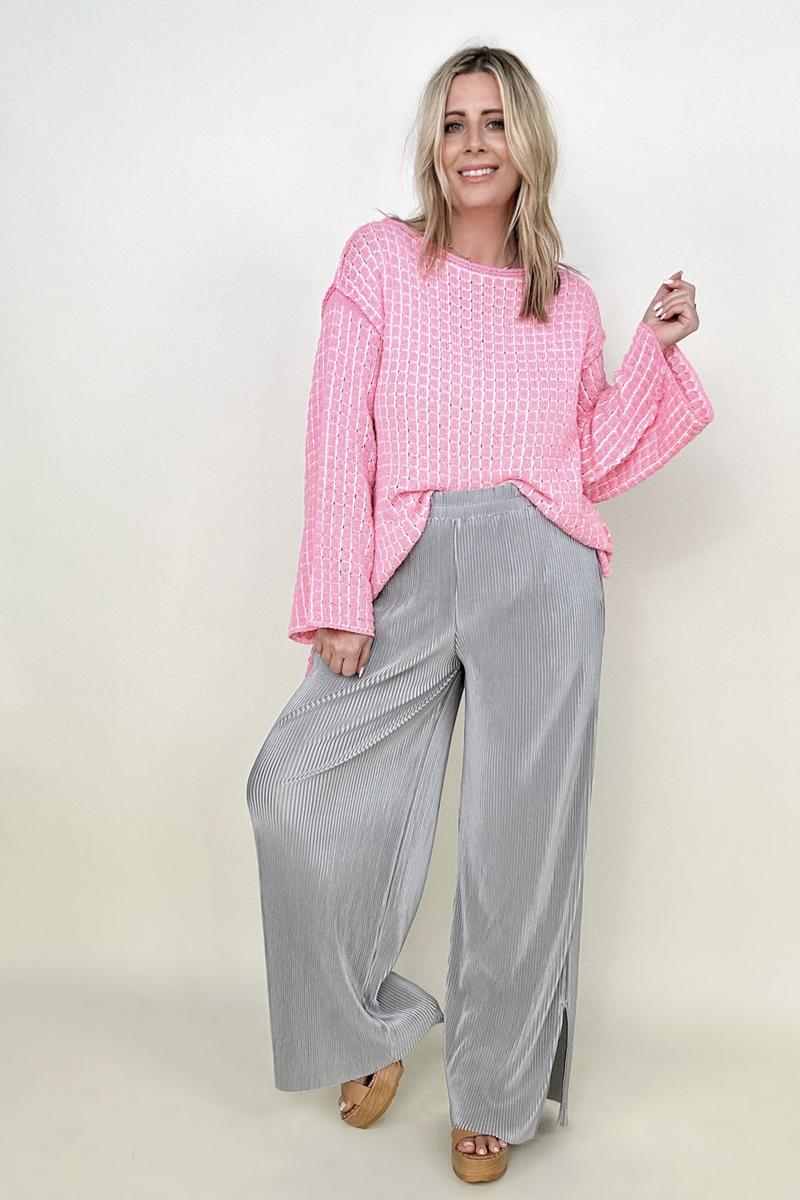 Pants - Petal Dew Satin Plisse Palazzo Pants With Pockets