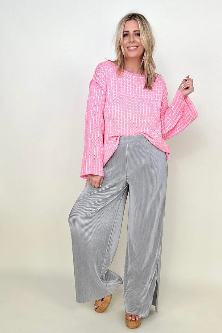 Pants - Petal Dew Satin Plisse Palazzo Pants With Pockets