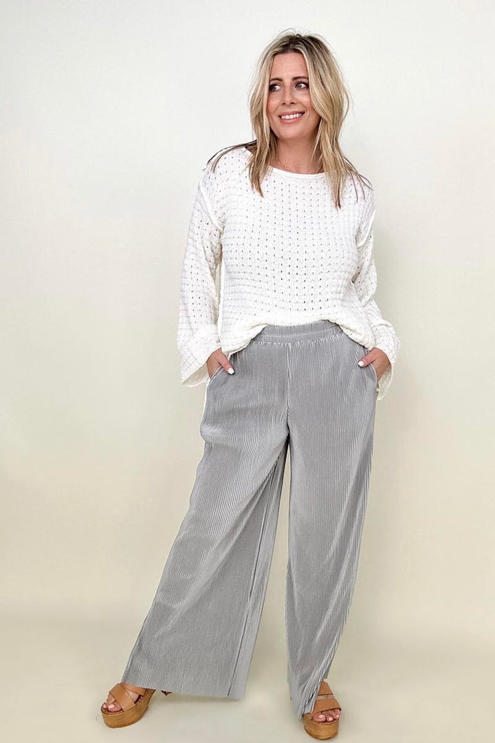 Pants - Petal Dew Satin Plisse Palazzo Pants With Pockets