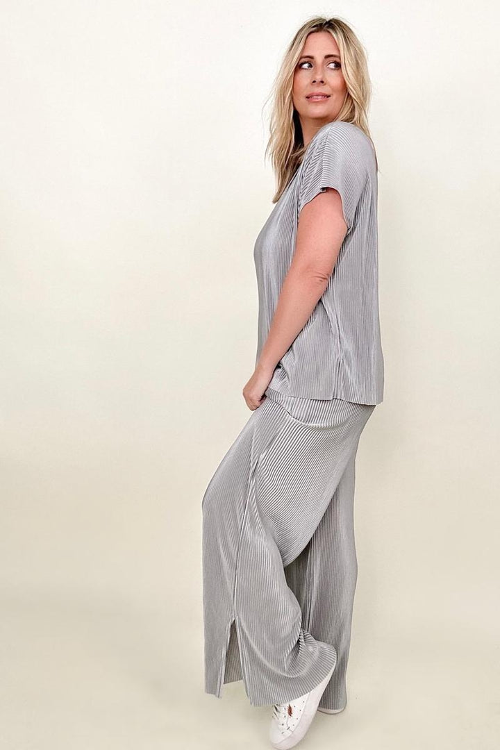 Pants - Petal Dew Satin Plisse Palazzo Pants With Pockets