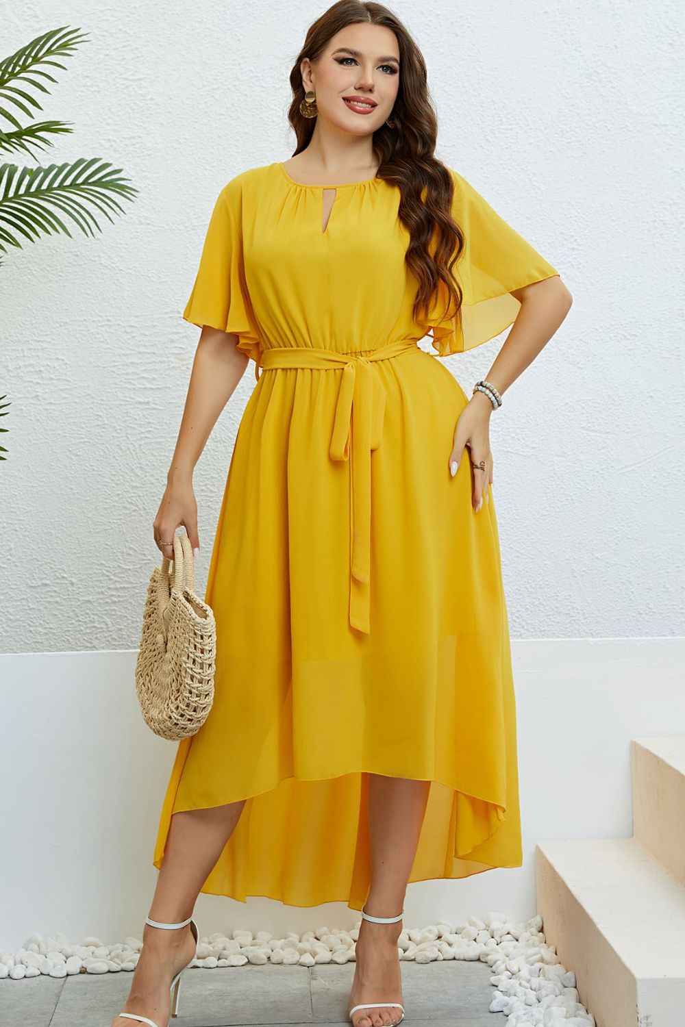 Plus Size Belted Flutter Sleeve High-Low Dress