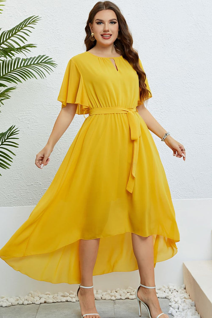 Plus Size Belted Flutter Sleeve High-Low Dress