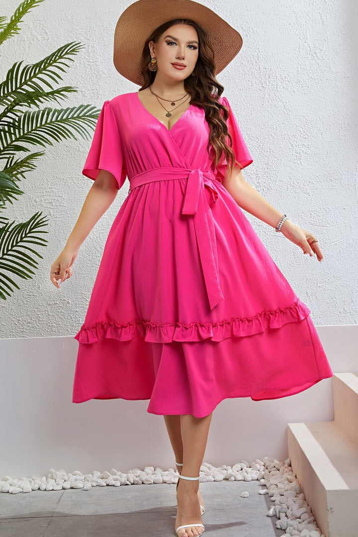 Plus Size Belted Frill Trim Flutter Sleeve Dress