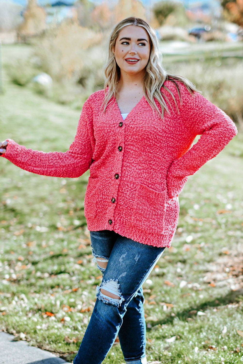 Plus Size Button Down Cardigan With Pockets