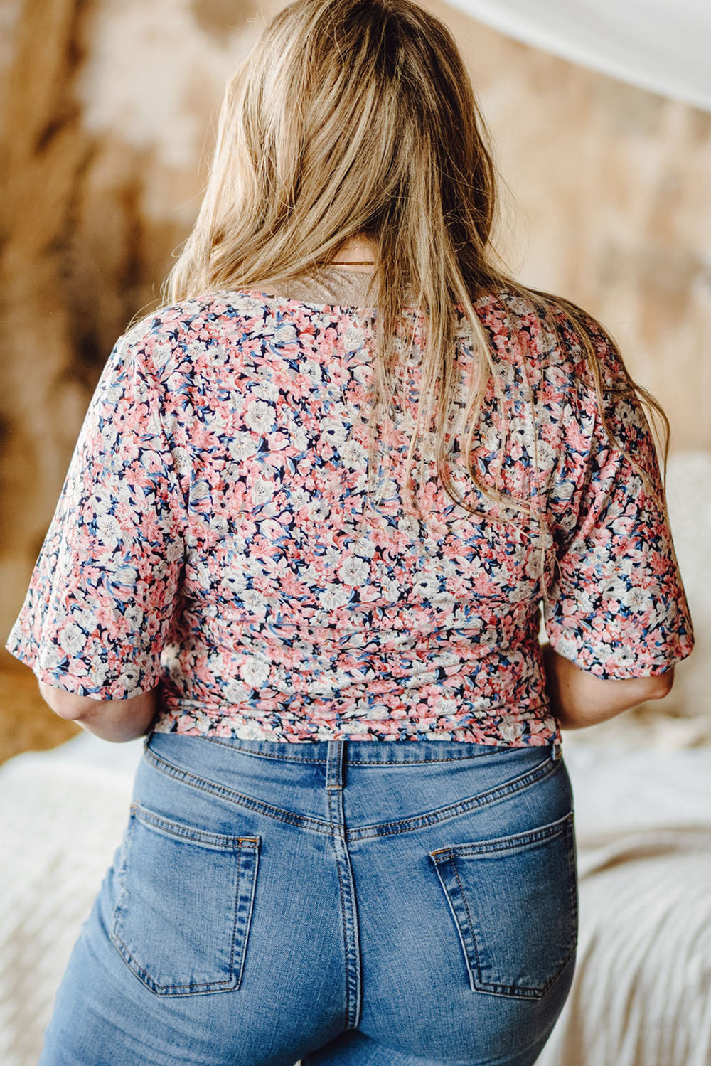 Plus Size Floral Drawstring Detail Blouse