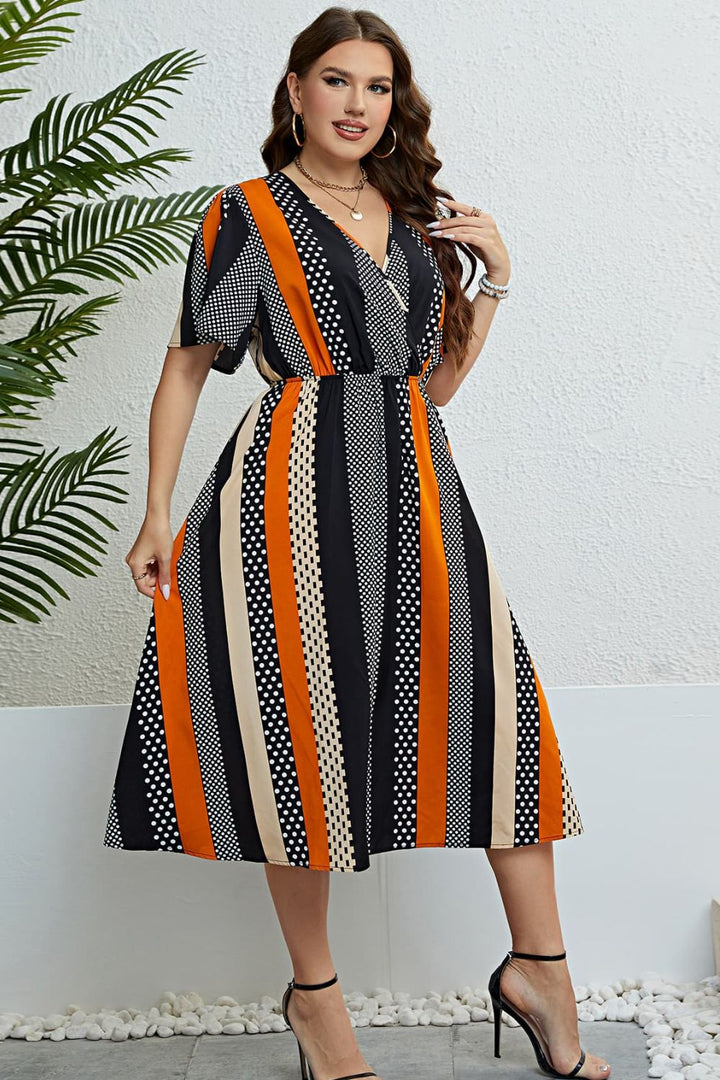 Plus Size Mixed Print Striped Flutter Sleeve Dress