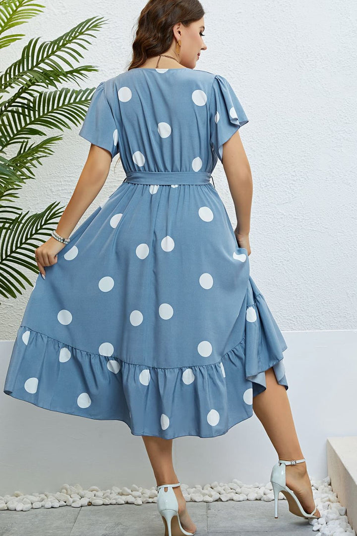 Plus Size Polka Dot Belted Flutter Sleeve Ruffle Hem Dress