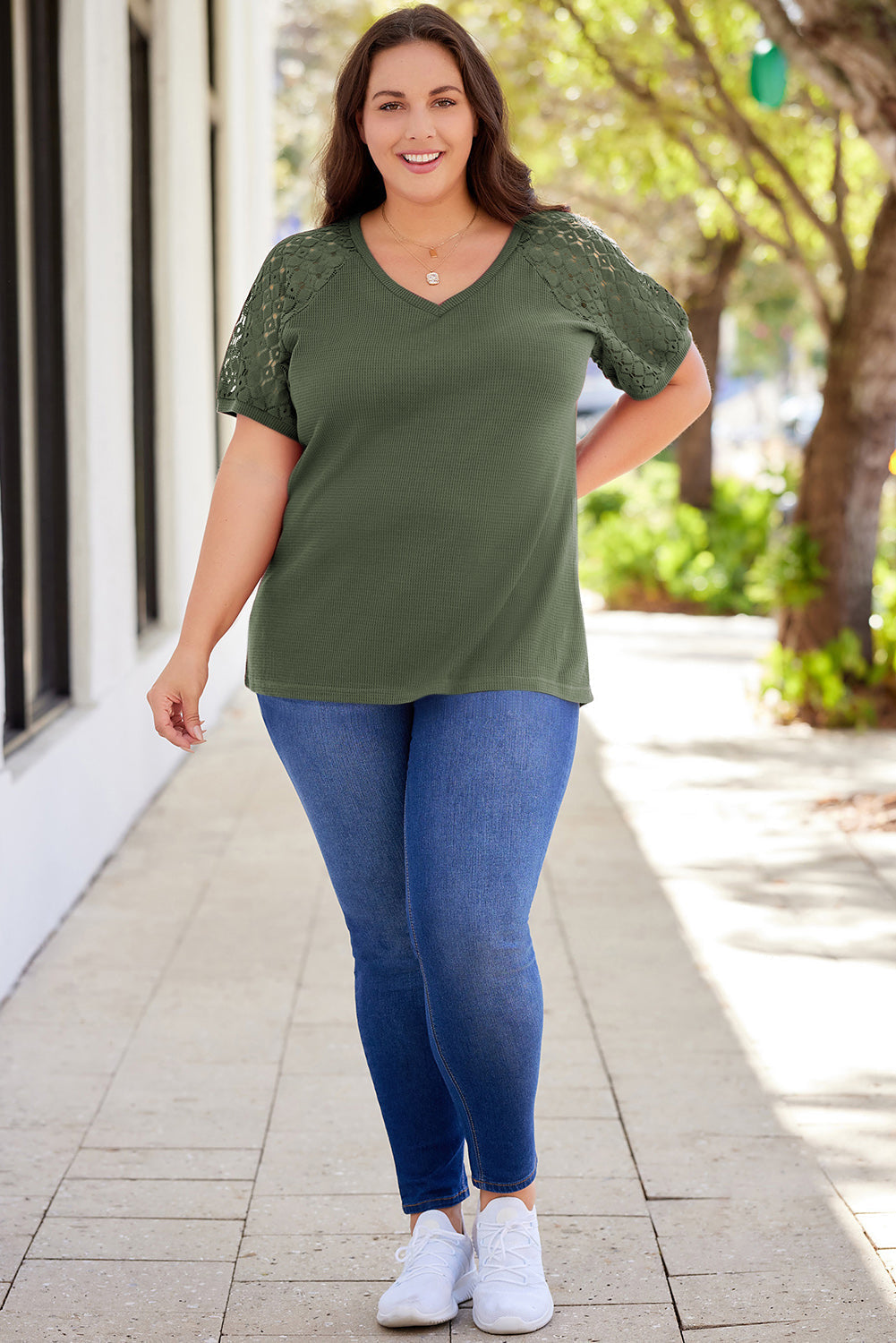 Plus Size Spliced Lace V-Neck Top