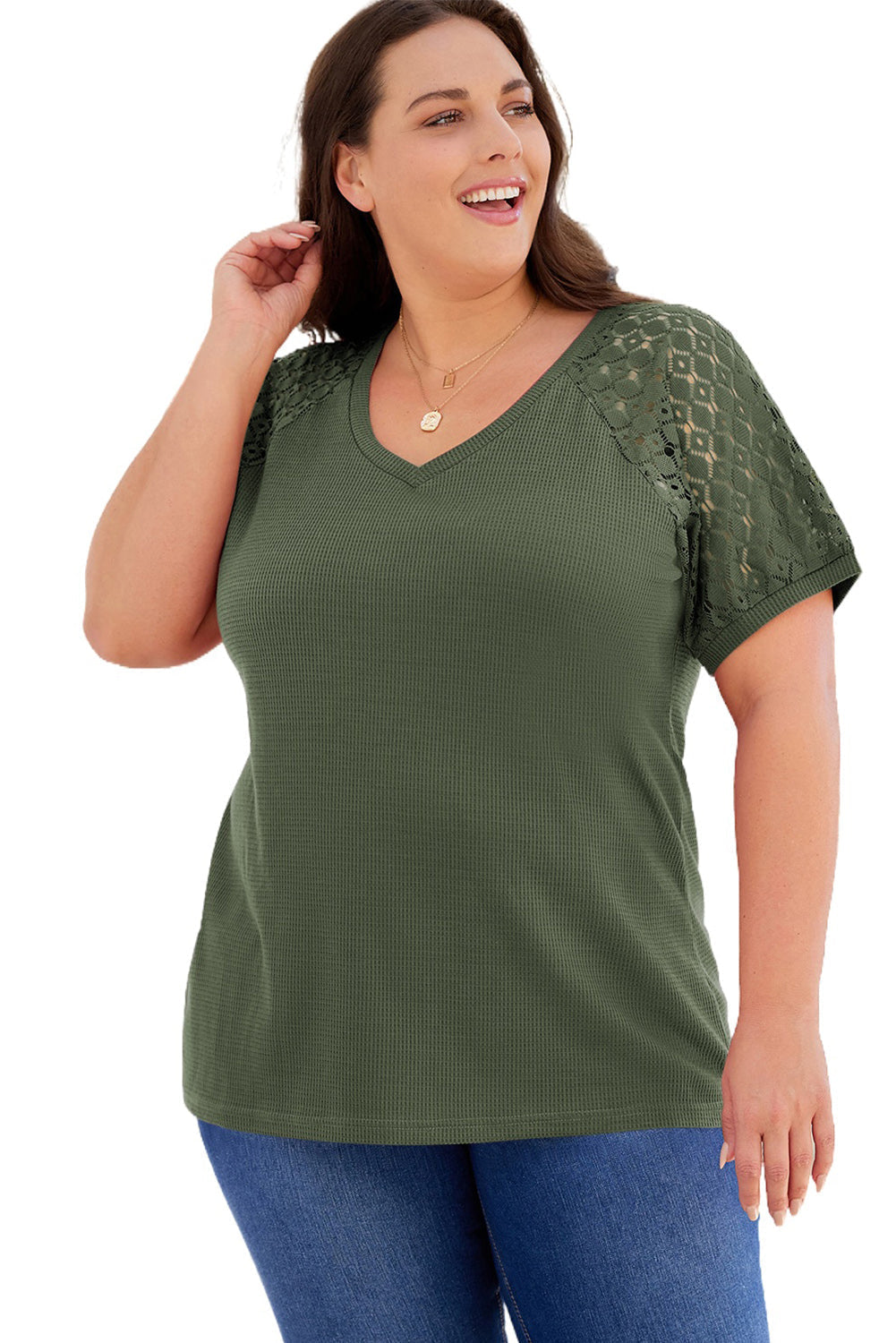 Plus Size Spliced Lace V-Neck Top