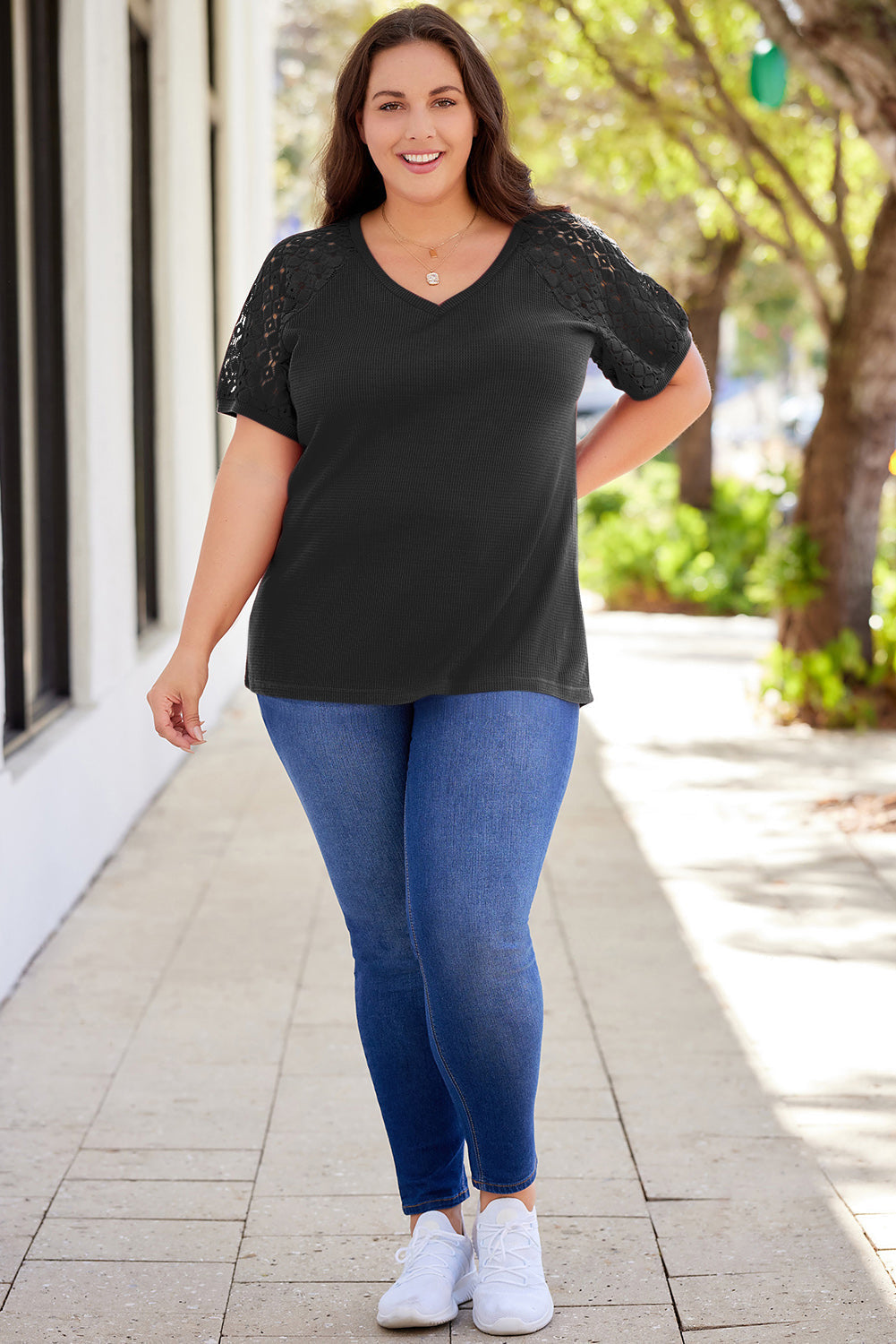 Plus Size Spliced Lace V-Neck Top