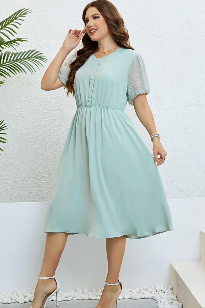 Plus Size Swiss Dot Mesh Sleeve Buttoned Dress