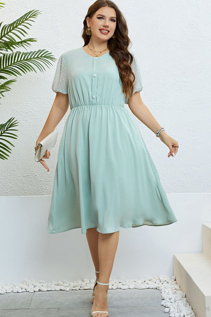 Plus Size Swiss Dot Mesh Sleeve Buttoned Dress