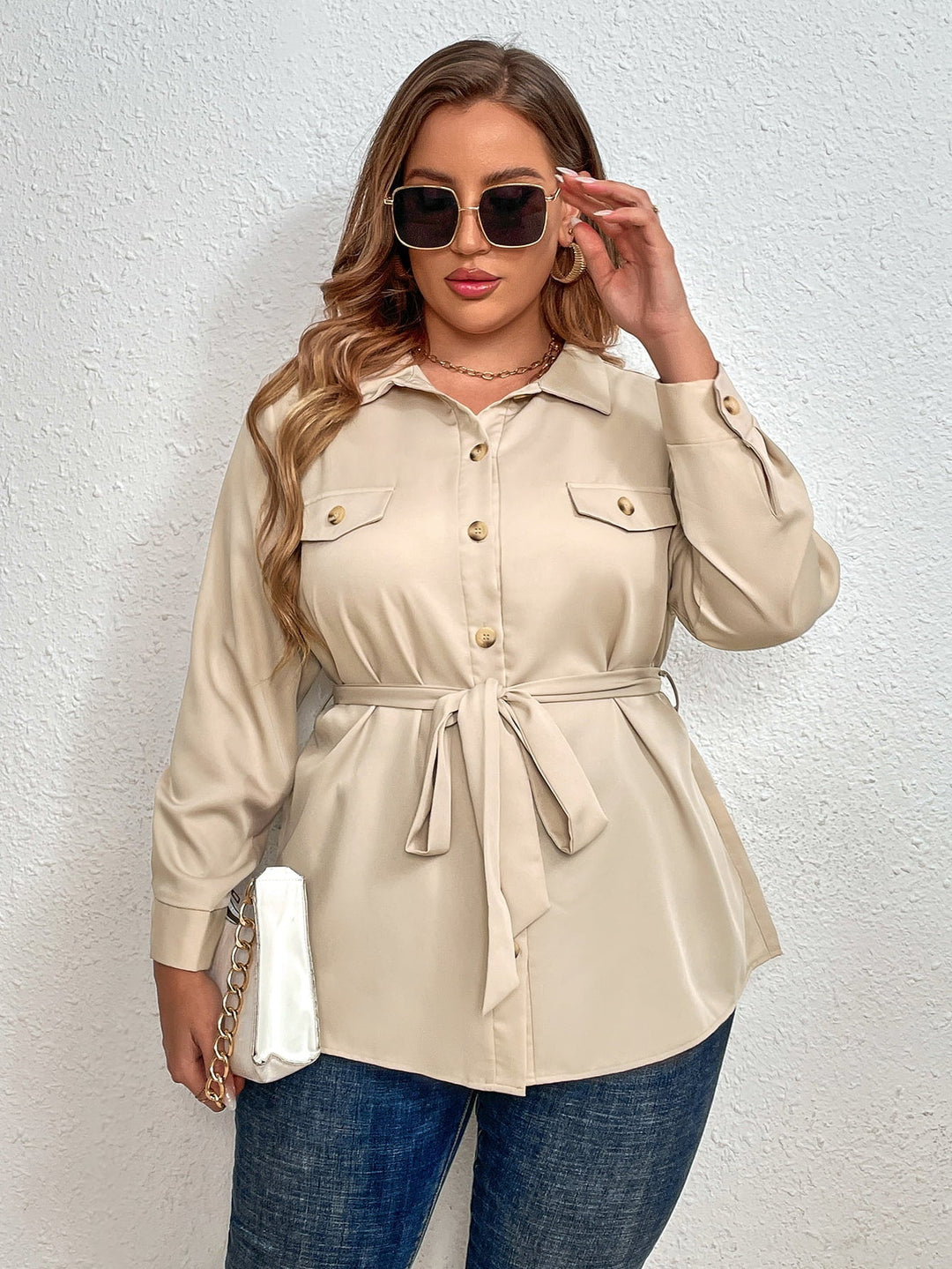 Plus Size Tie Belt Long Sleeve Shirt