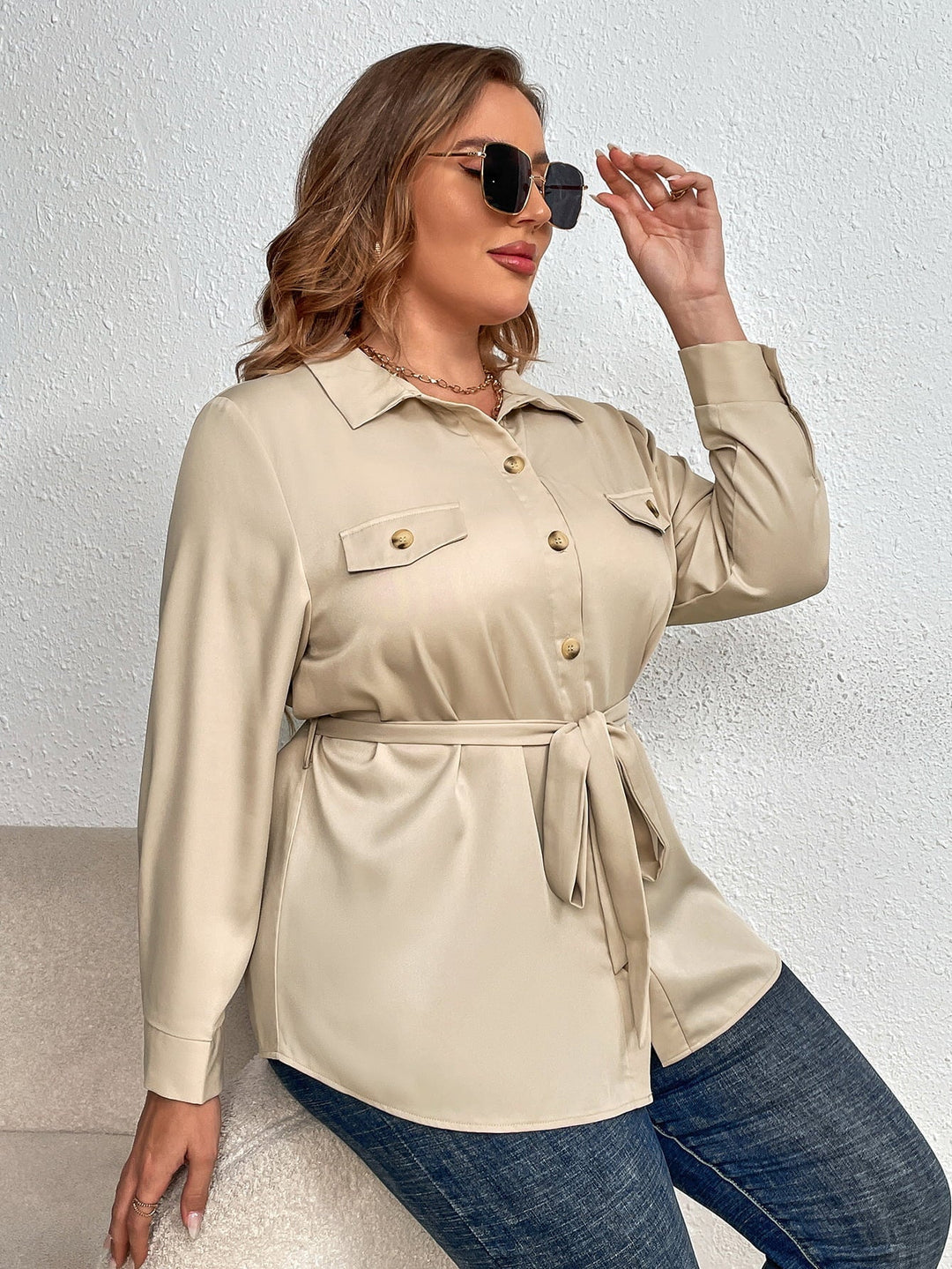 Plus Size Tie Belt Long Sleeve Shirt