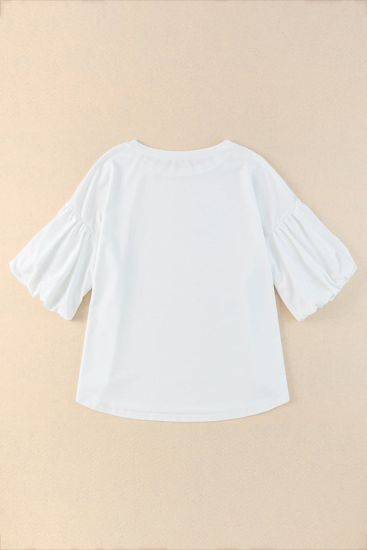 Puff Sleeve Curved Hem Blouse