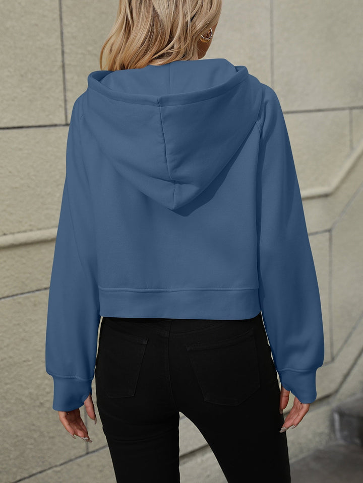 Raglan Sleeve Zip-Up Hoodie With Pocket